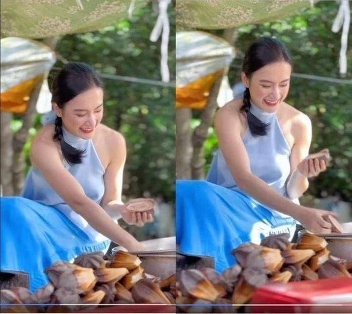 Mới đây, Angela Phương Trinh có đăng tải video đang chặt dừa với chiếc áo yếm màu xanh.