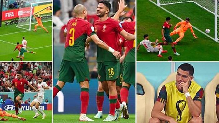 Bồ Đào Nha chơi thăng hoa khi Ronaldo ngồi dự bị đã đánh bại Thụy Sĩ 6-1 ở vòng 1/8 World Cup 2022. ẢNH: MIRROR
