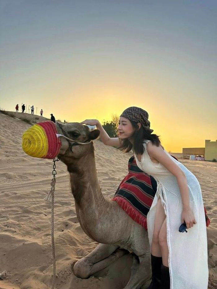 Khám phá khung cảnh hoang sơ nơi sa mạc đầy nắng và gió, "chị đẹp" Chi Pu không bỏ qua dịch vụ cưỡi lạc đà ngắm cảnh.